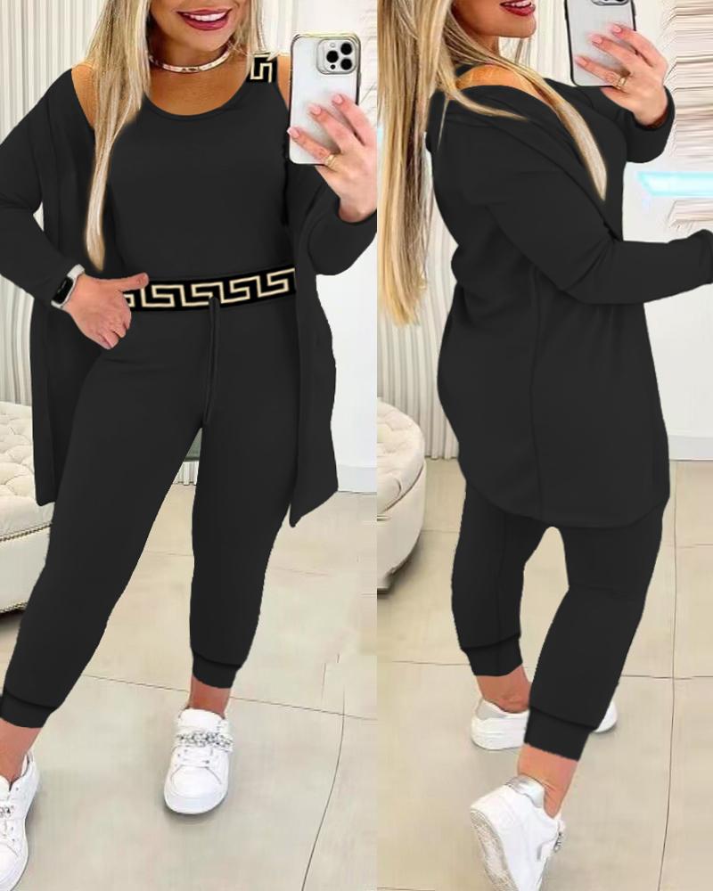 

Plus Size Tank Top & Geo Tape Patch Drawstring Pants Set With Coat, Black