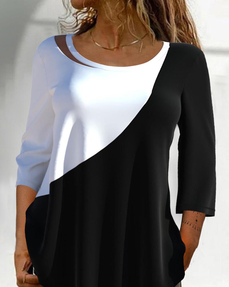 

Colorblock Cutout Round Neck Top, Black