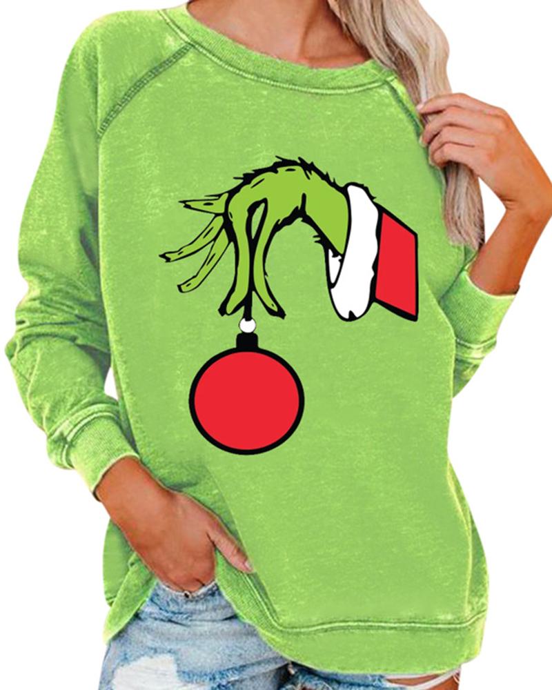 

Christmas Grinch Stole Print Long Sleeve Sweatshirt, Green