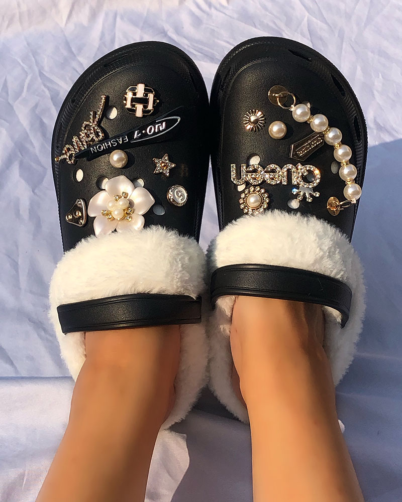 

Floral Letter Graphic Pattern Beaded Lined Fluffy Colgs, Black