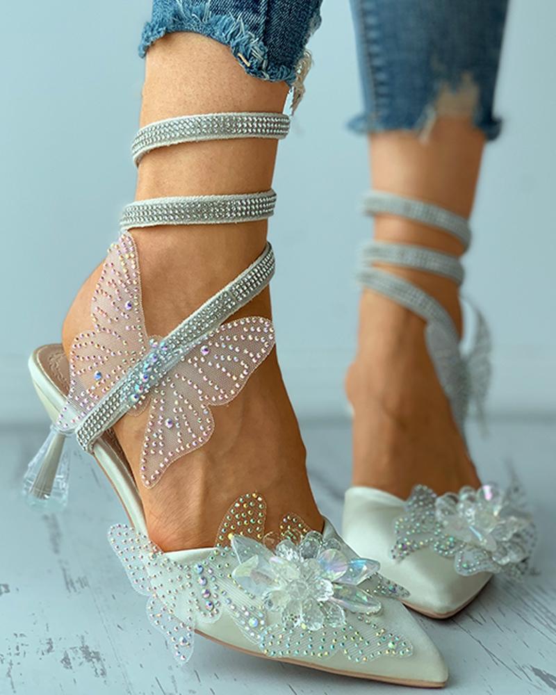 

Rhinestone Strappy Butterfly Pattern Pointed Toe Heels, White