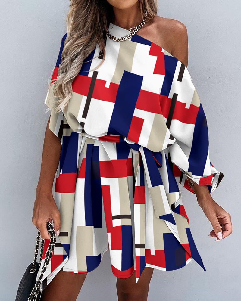 

Abstract Skew Neck Pleated Lace Up Mini Dress, Multicolor