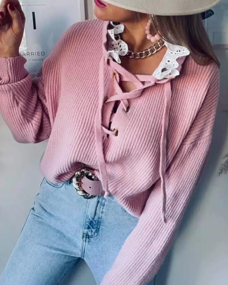 

Eyelet Lace-up Lace Patch Sweater, Pink