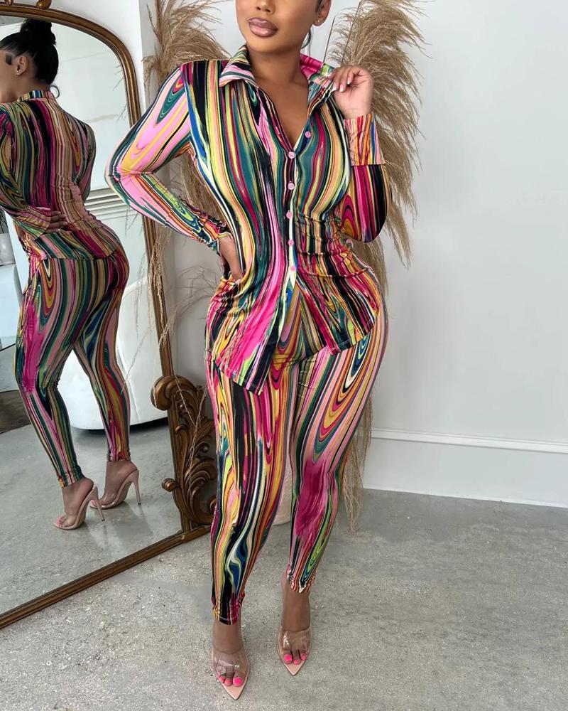 

Abstract Print Button Down Shirt & Pants Set, Multicolor