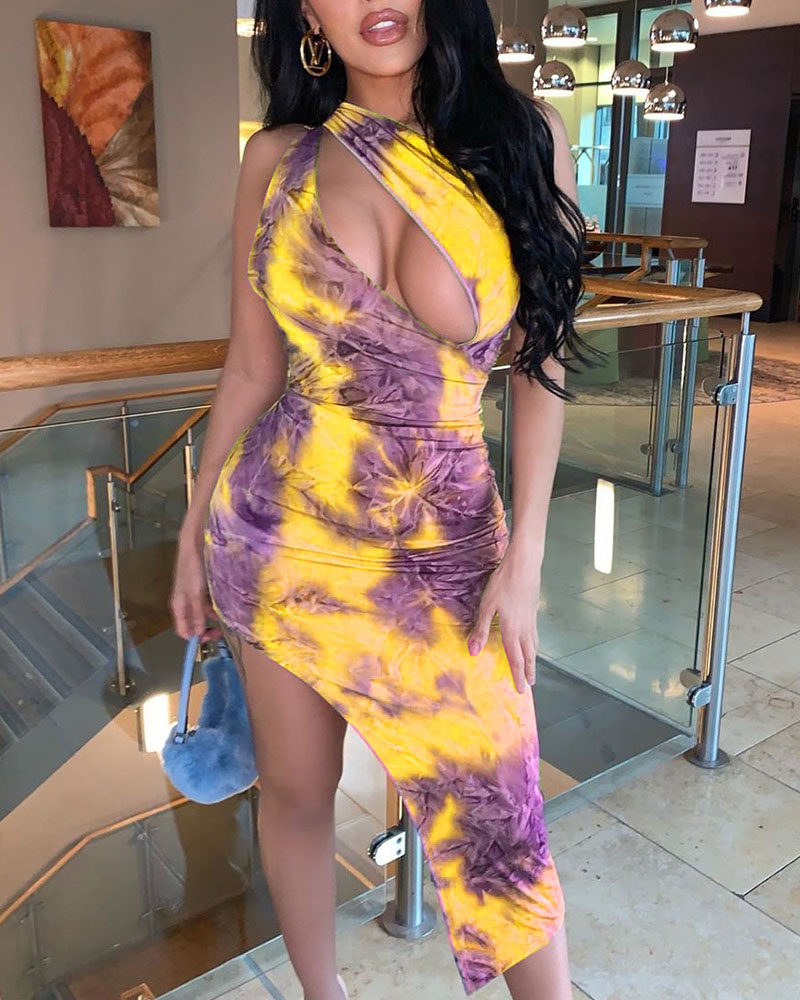 

Tie Dye Sleeveless Skinny Cut-out Slit Midi Women Dress, Yellow