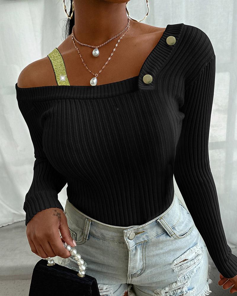 

Glitter Ribbon Buttoned Knit Sweater, Black