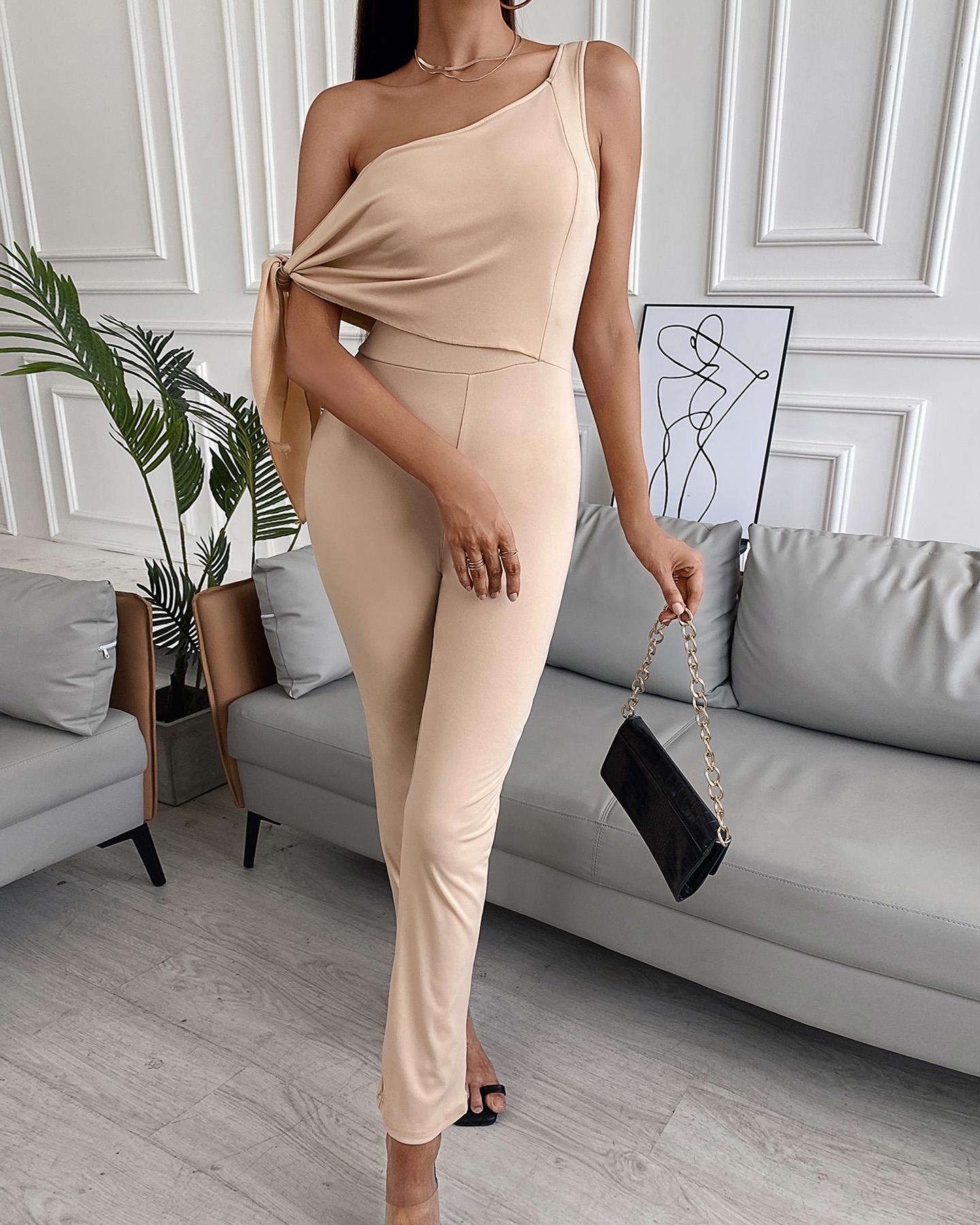 

One Shoulder Tied Detail Jumpsuit, Khaki