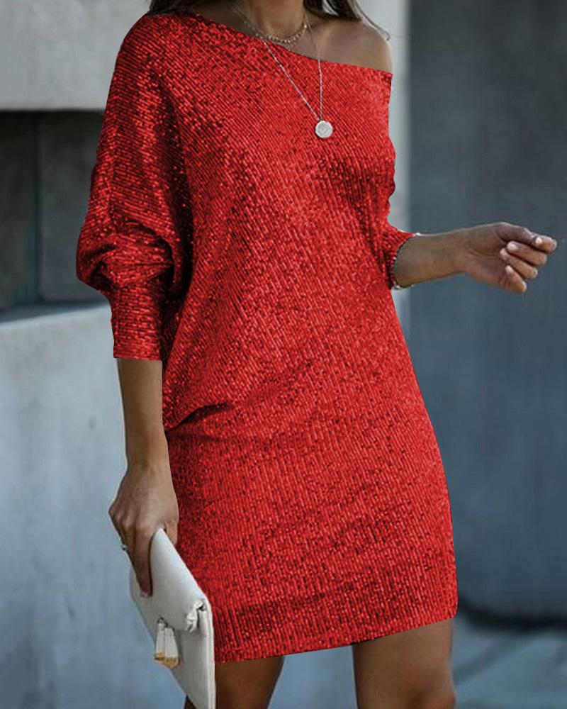 

Slash Neck Batwing Sleeve Allover Sequins Dress, Red