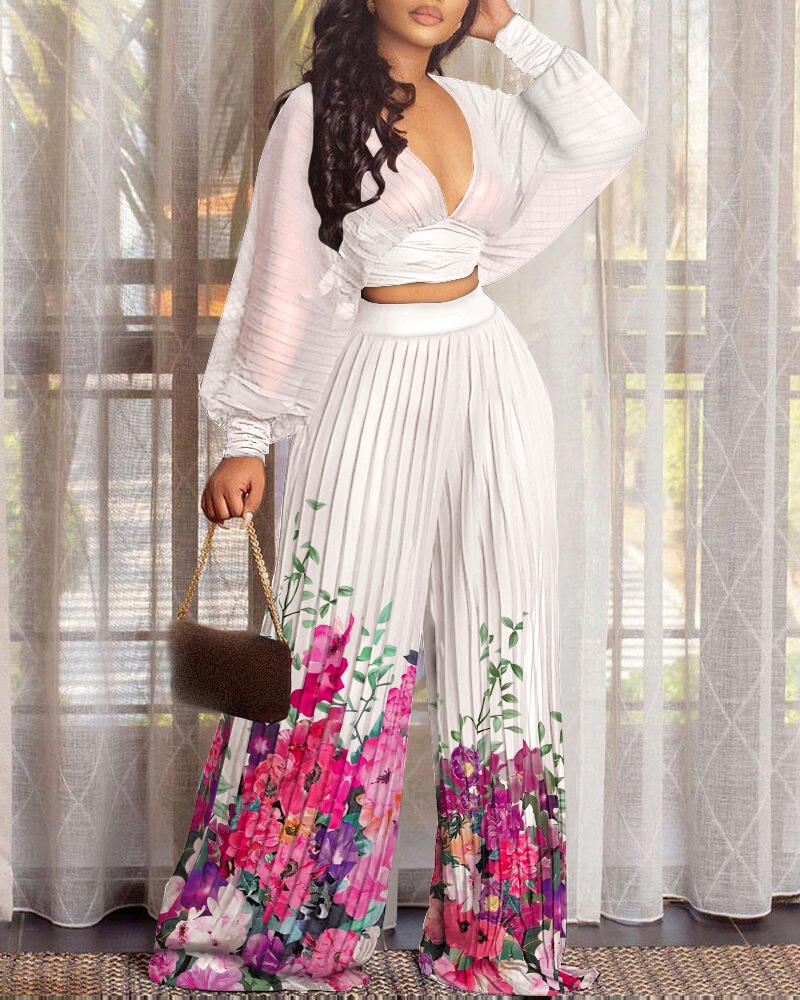 

V-Neck Lantern Sleeve Crop Top & Pleated Wide Leg Pants Sets, White