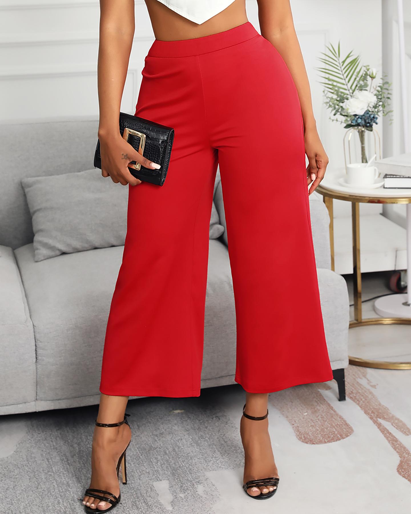 

High Waist Plain Wide Leg Pants, Red