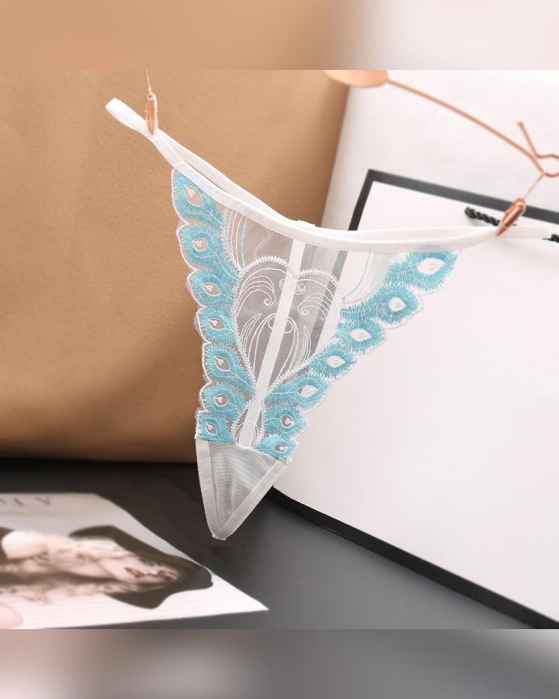 

Sexy See-through Splicing Feather Embroidery Skinny Thong Panties, White