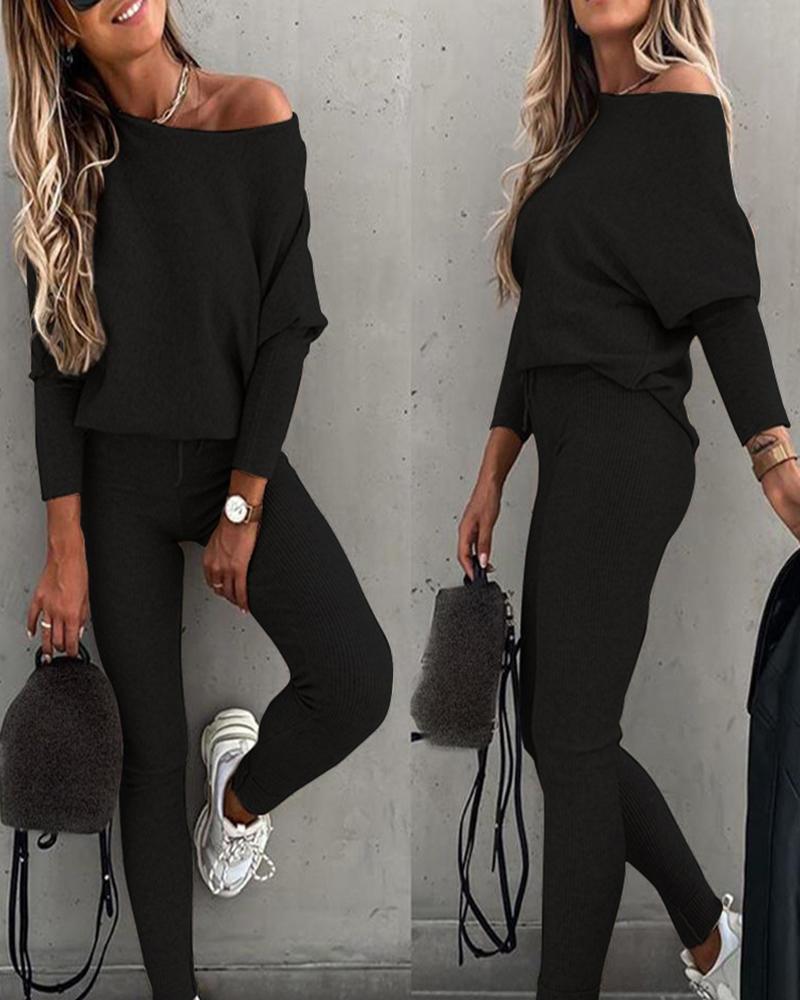 

Batwing Sleeve Casual Top & High Waist Drawstring Pants Set, Black