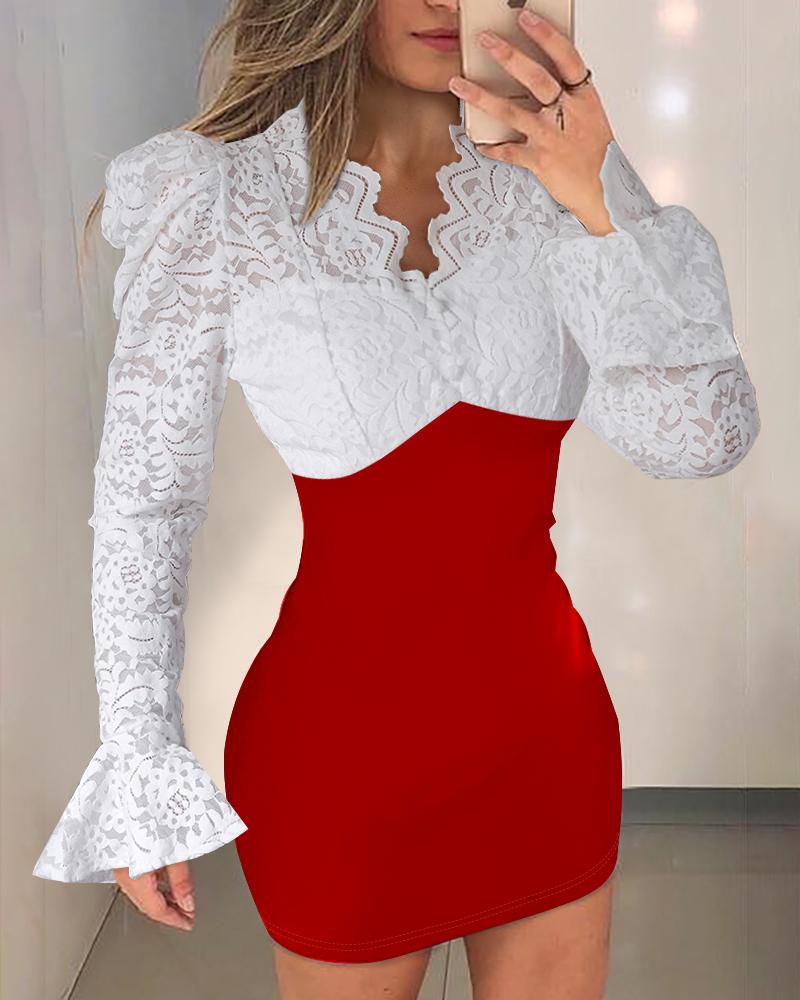 

Colorblock Contrast Lace Bell Sleeve Bodycon Dress, Red