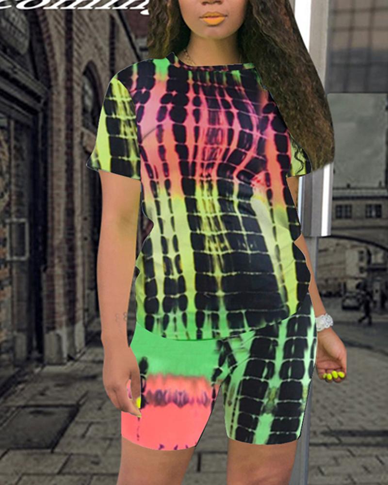 

Tie Dye Print Casual Top & Shorts Set, Green
