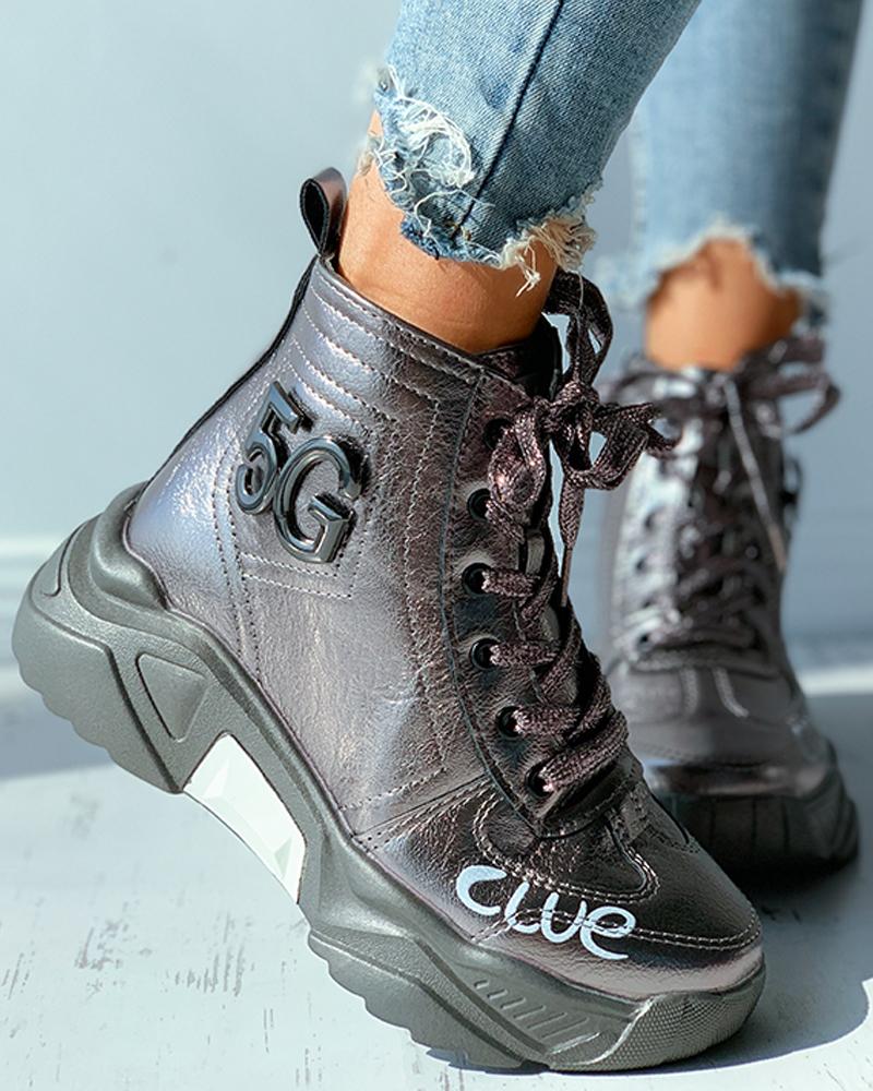 

Eyelet Lace-up Letter Pattern Chunky Shoes, Gray
