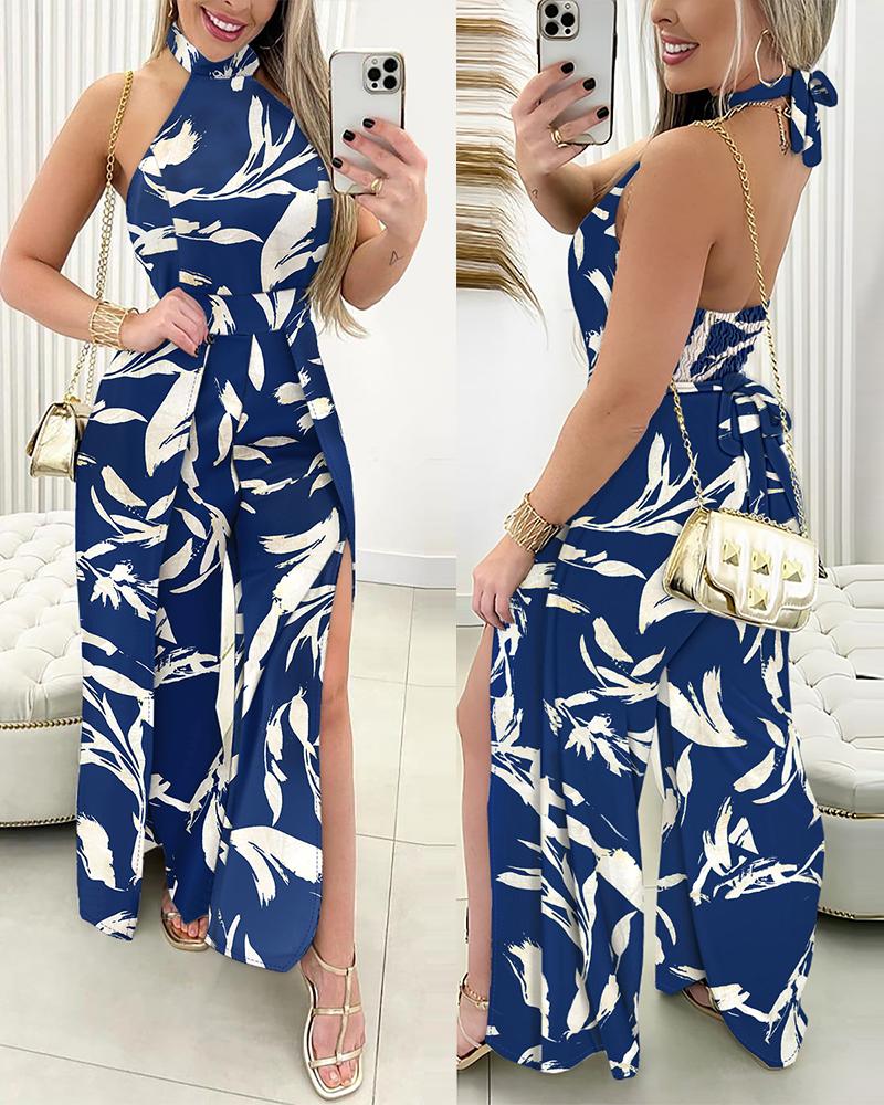 

Plants Print High Slit Backless Jumpsuit, Purplish blue