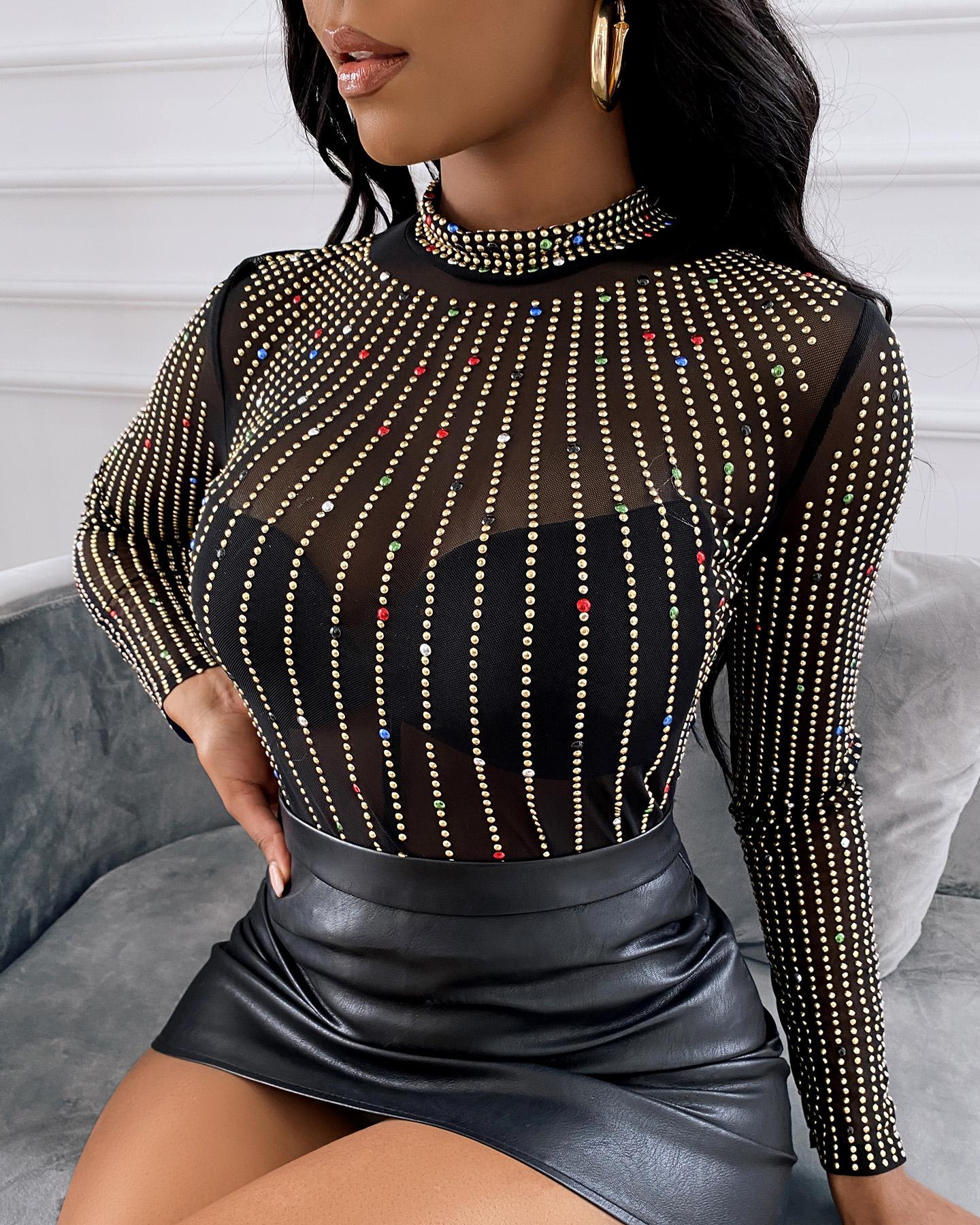 

Studded Sheer Mesh Top, Black