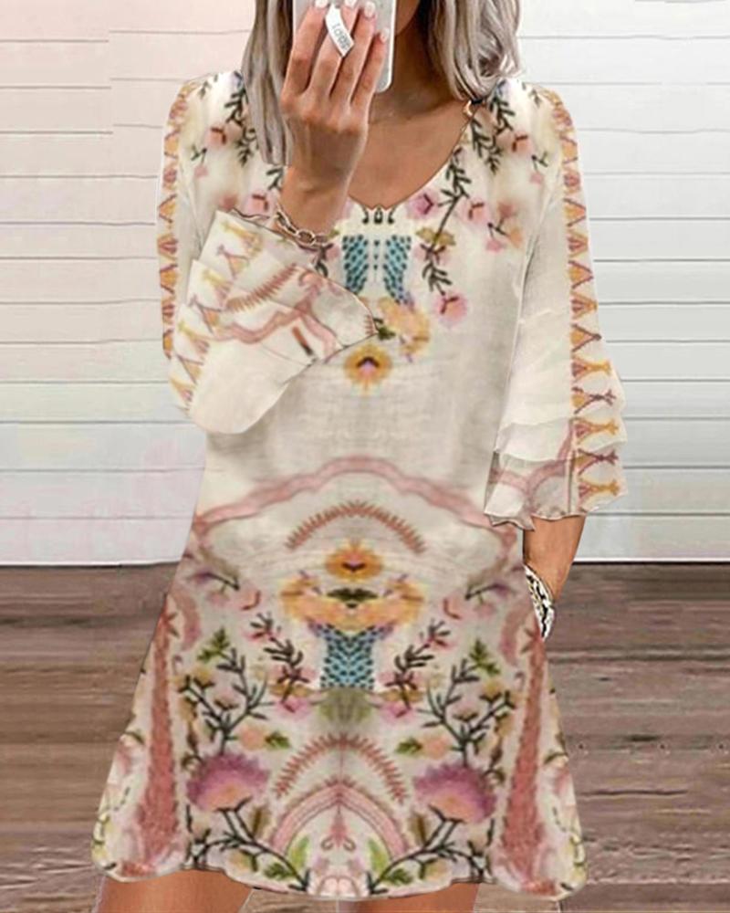

Floral Print Bell Sleeve Casual Dress, Apricot