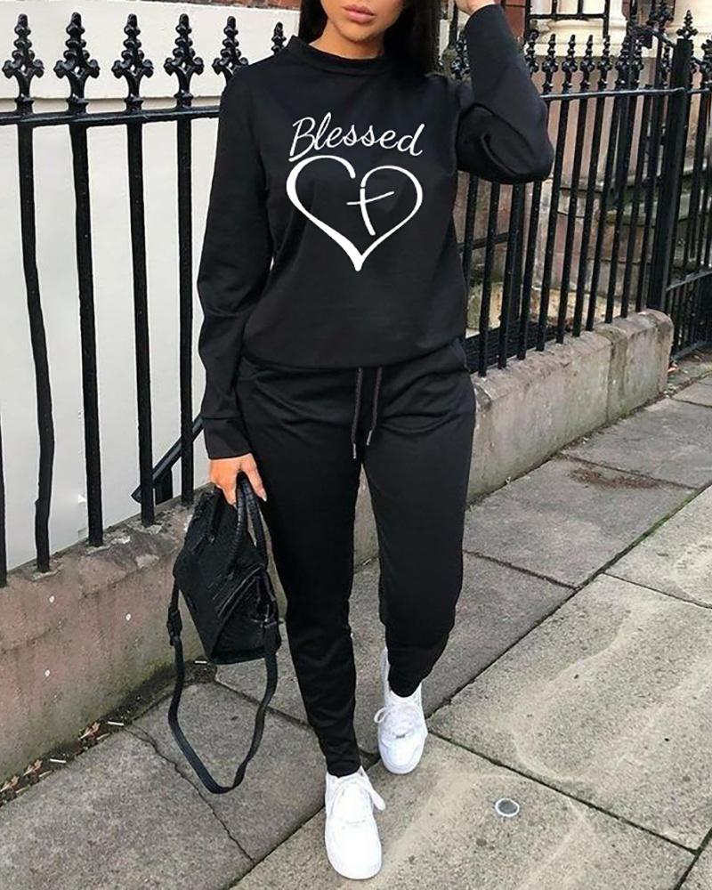 

Heart Letter Print Sweatshirt & Drawstring Pocket Design Pants Set, Black