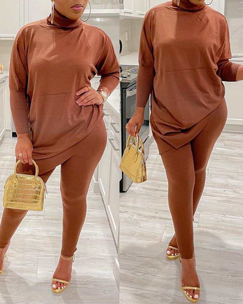 

High Neck Long Sleeve Casual Top & Pants Set, Coffee
