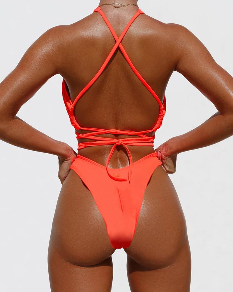 

Solid Laser Shinny Strap Skinny One-piece Swimwear, Orange