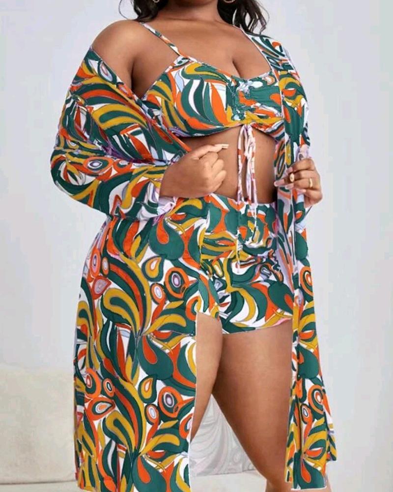 

3PCS Plus Size Tropical Print Drawstring Bikini Set With Cover Up, Yellow
