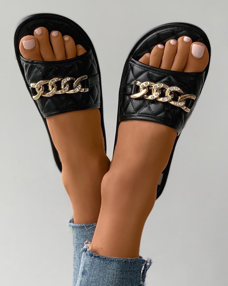 

Rhinestone Chain Decor Quilted Slippers, Black
