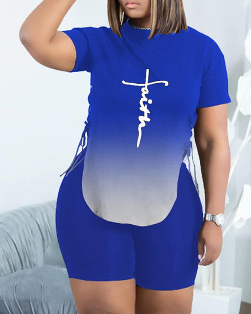 

Letter Print Grommet Eyelet Lace-up Top & Shorts Set, Blue