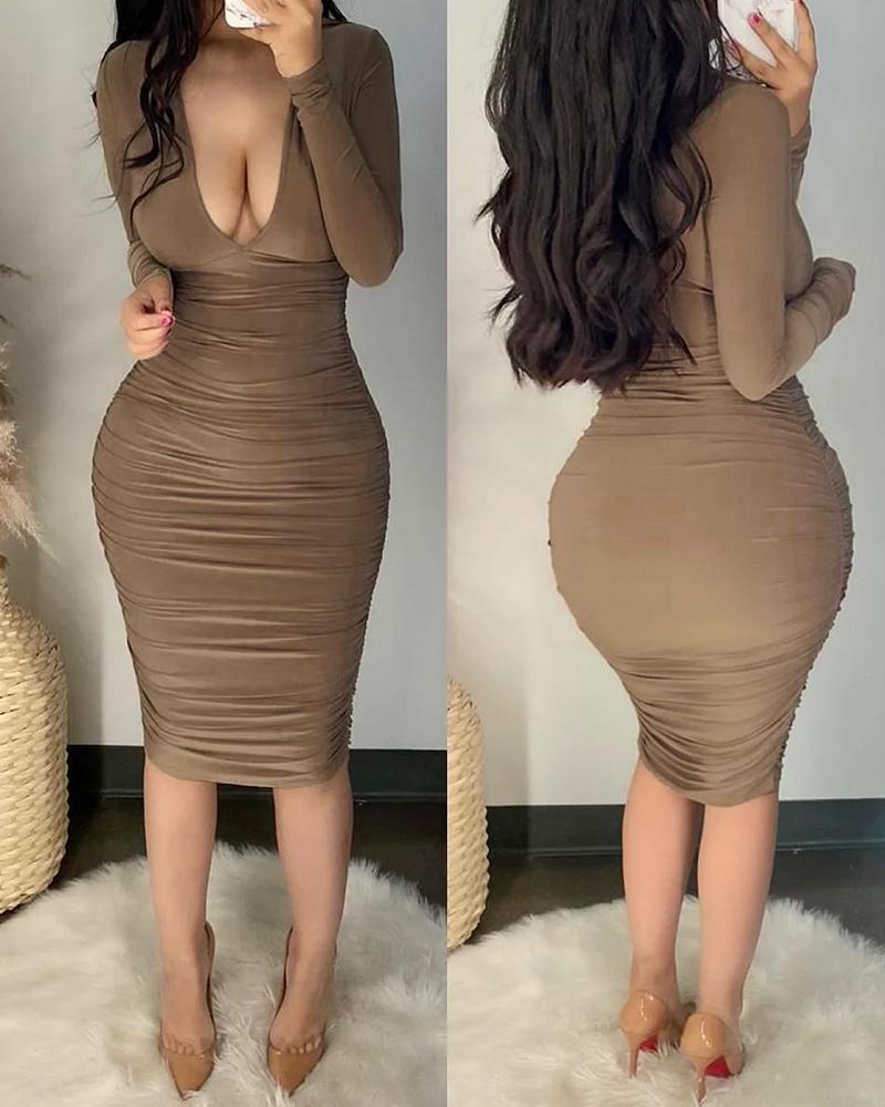 

Plunge Ruched Long Sleeve Bodycon Dress, Khaki