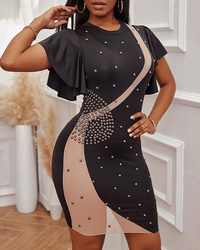 

Sheer Mesh Studded Ruffles Party Dress, Black