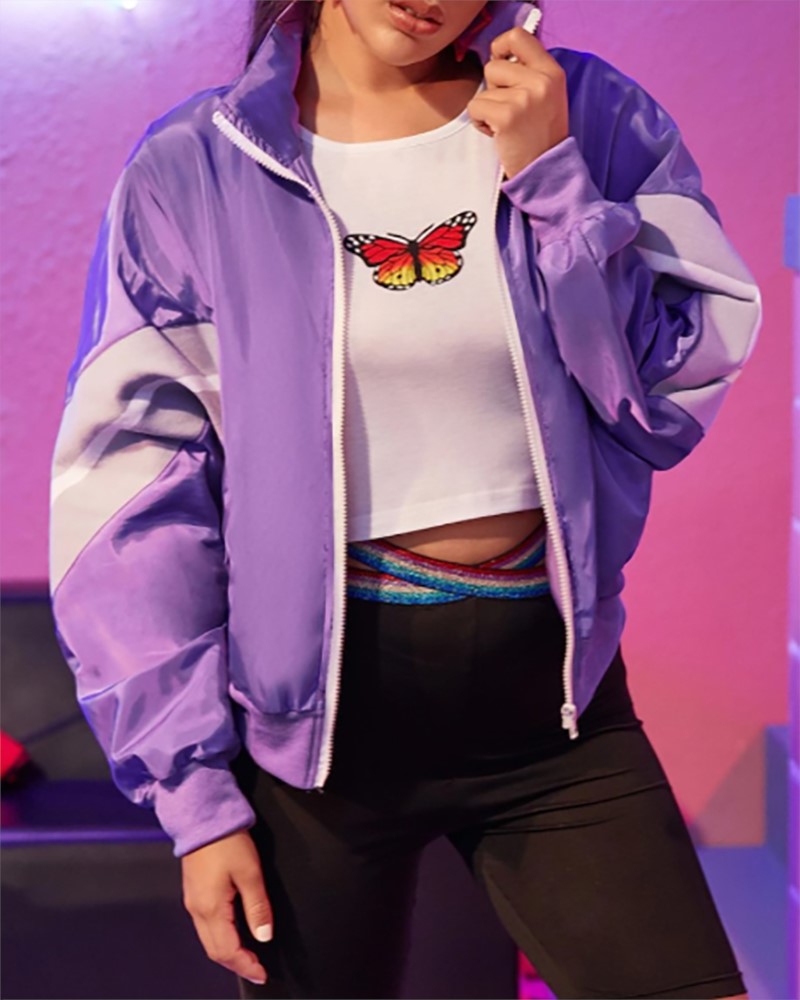 

Long Sleeve Colorblock Zipper Pocket Design Windbreaker Jacket, Purple