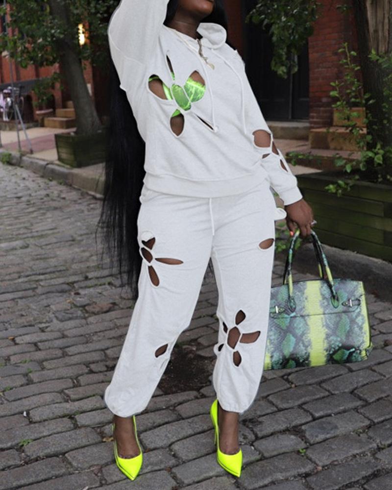 

Cutout Long Sleeve Hoodie & Drawstring Pants Set, White