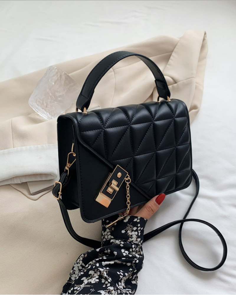 

Quilted Lock Flap Shoulder Bag With Handle, Black