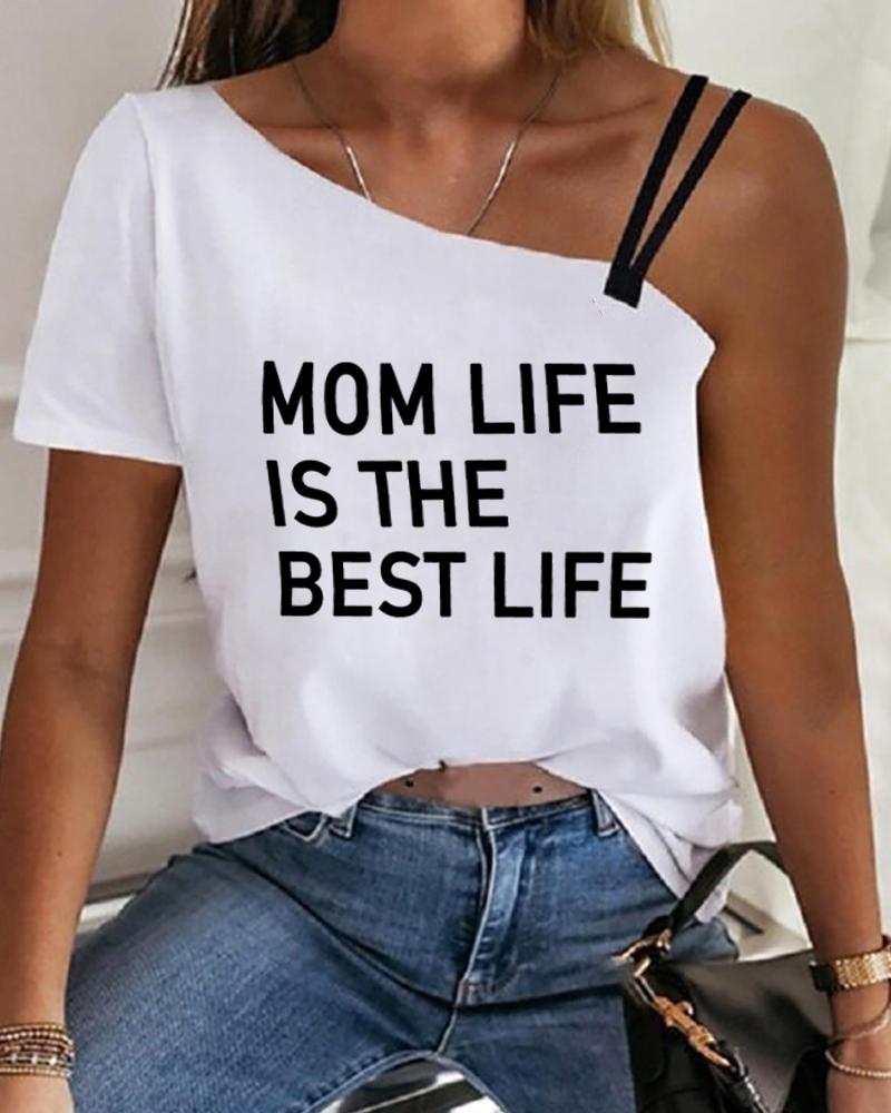 

One Shoulder Double Strap Letter Print Top, White