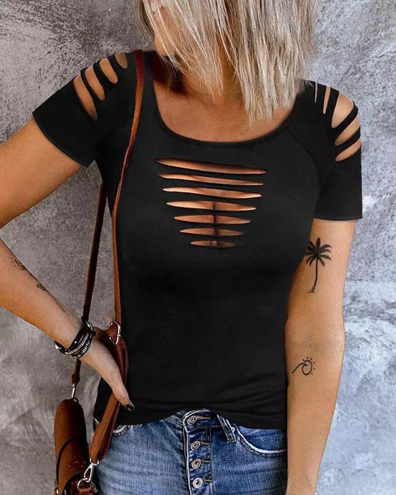 

Ladder Cutout Round Neck Casual T-shirt, Black