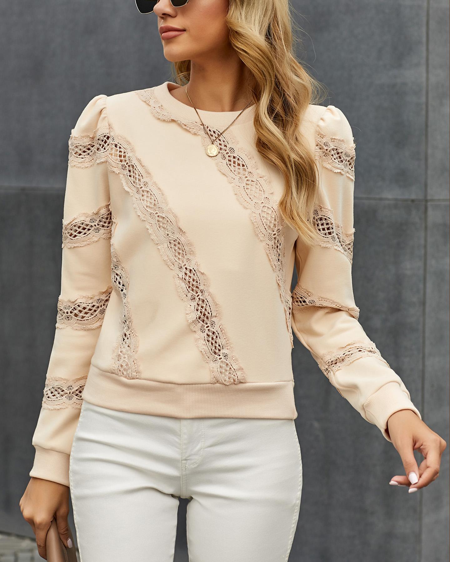 

Lace Contrast Long Sleeve Sweatshirt, Khaki