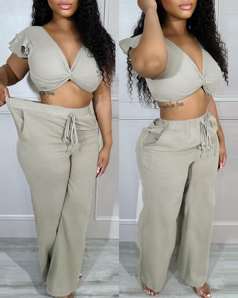 Ruffles Twisted Top & Drawstring Pants Set