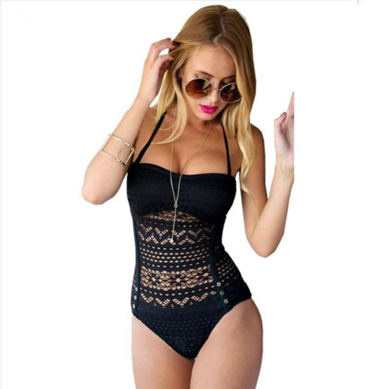 

Halter Hollow Out One Piece Swimsuit, Black