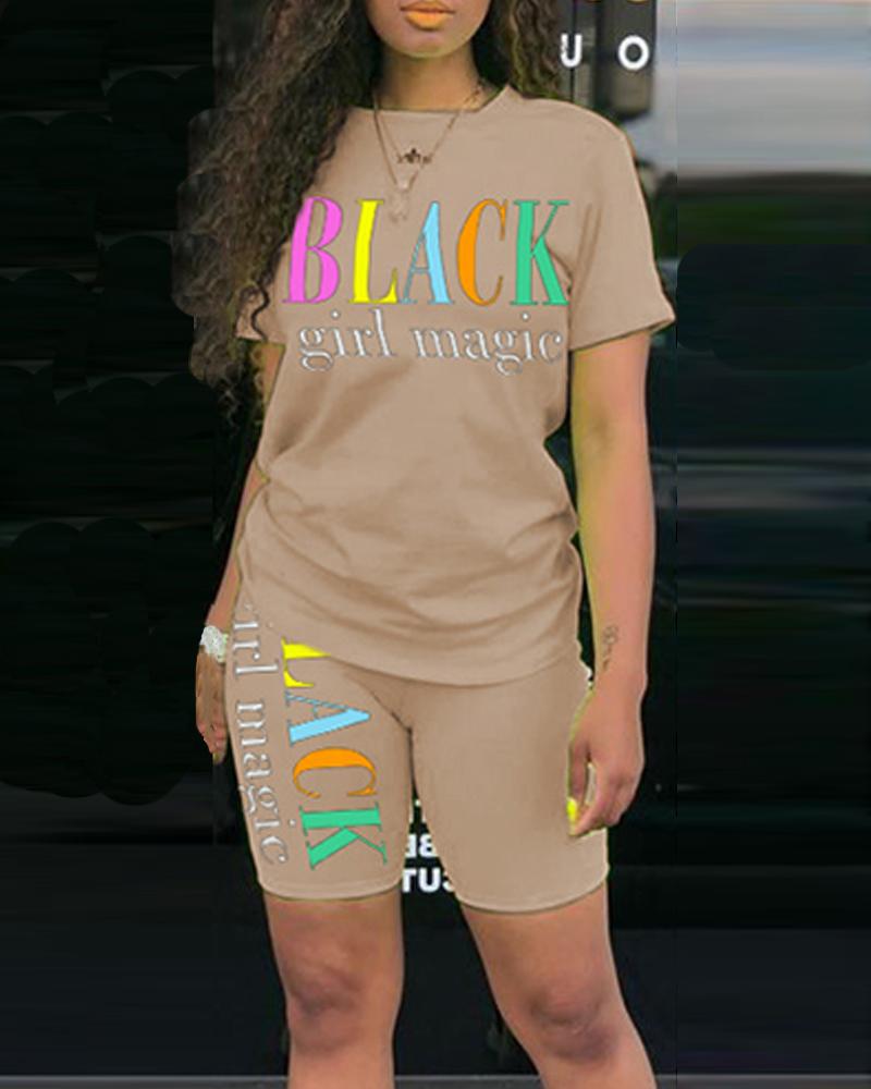 

Letter Print T-shirt & Short Set, Khaki