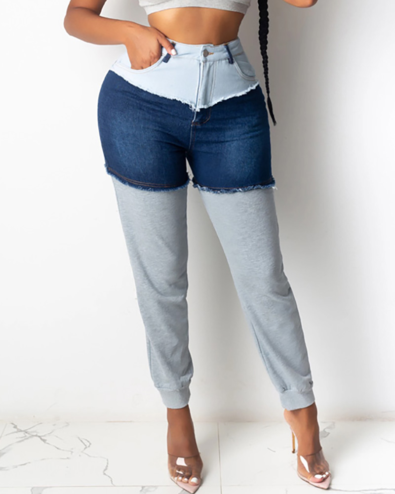 

High Waist Pocket Design Patchwork Jeans, Light blue