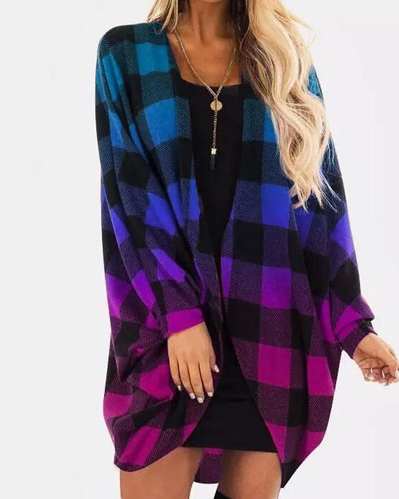 

Plaid Print Open Front Long Sleeve Coat, Blue