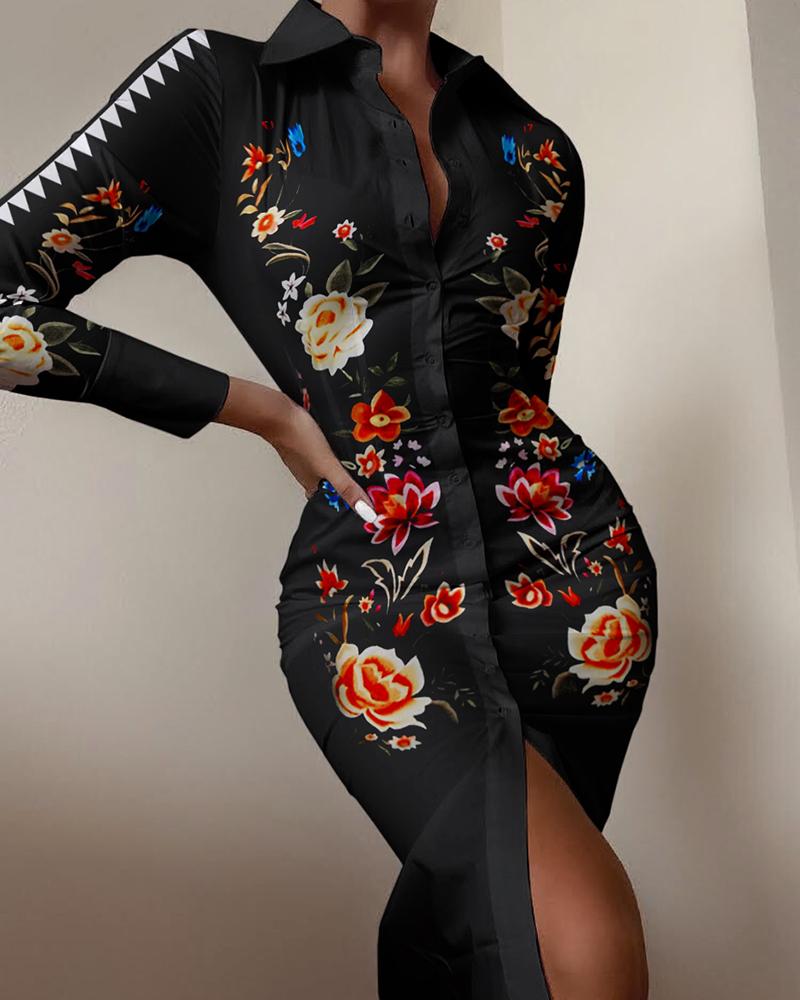 

Floral Print Button Design Skinny Shirt Dress, Black