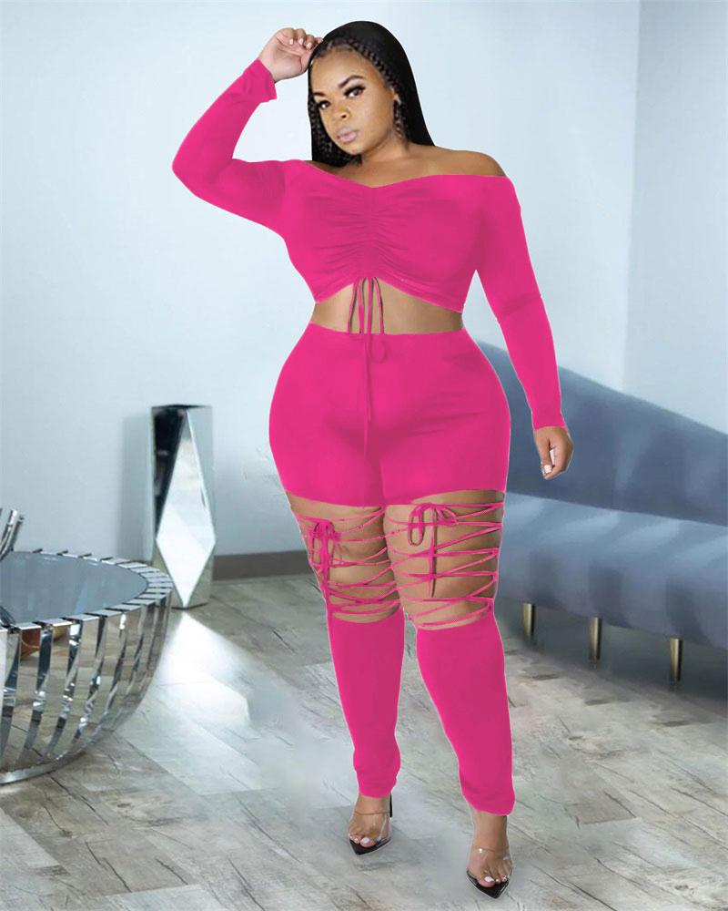 

Plus Size Drawstring Ruched Off Shoulder Crop Top & Pants Set, Hot pink
