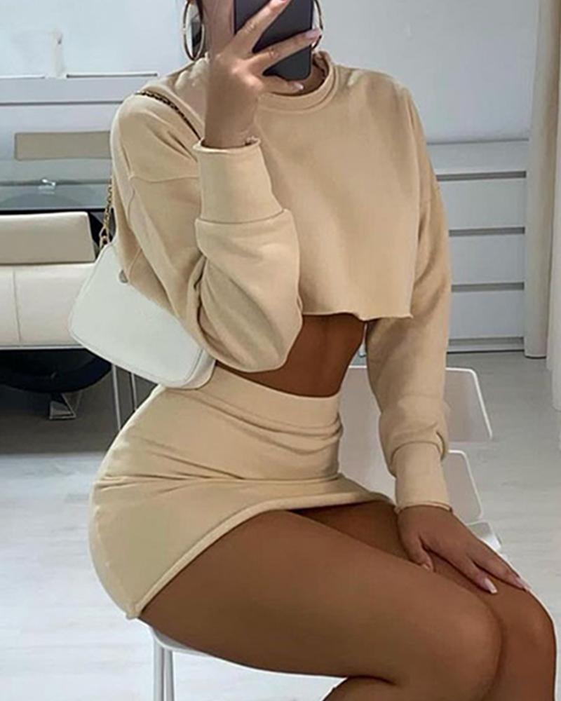 

Drop Shoulder Crop Top & Mini Skirt Set, Khaki