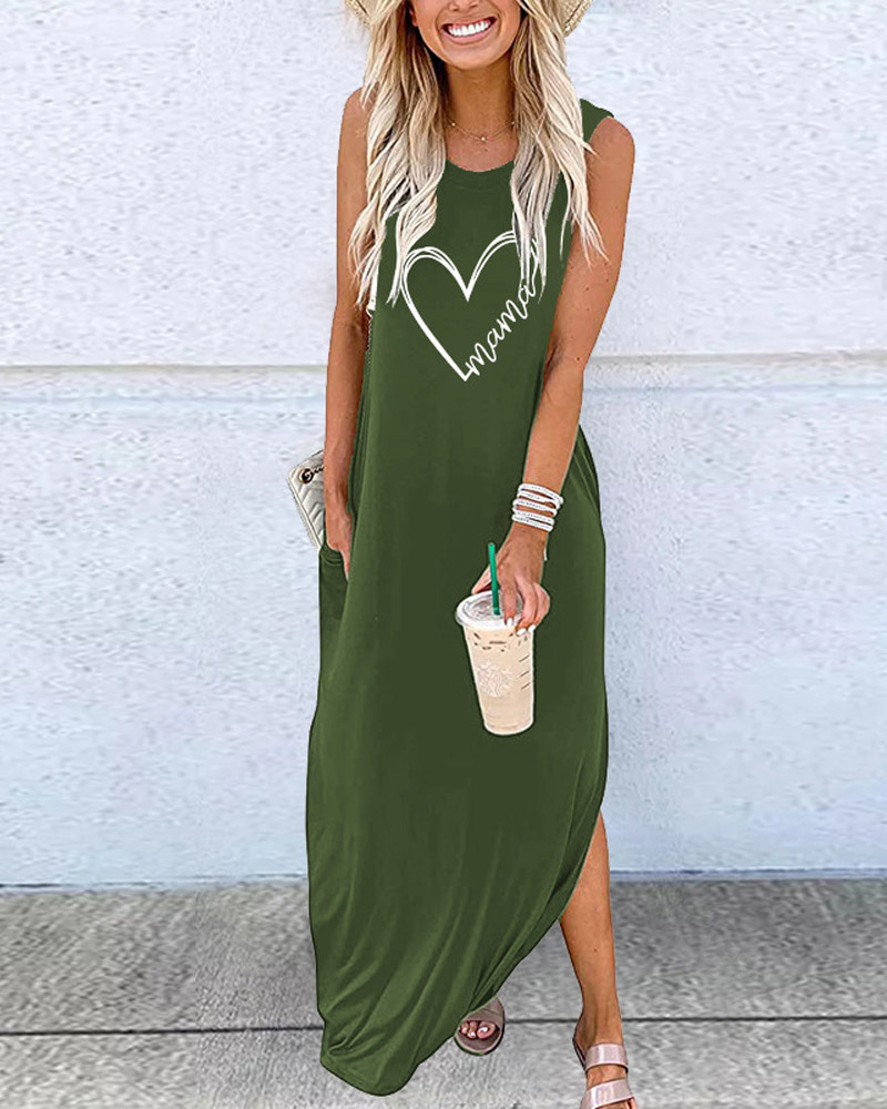 

Letter Heart Print Asymmetrical Casual Dress, Army green