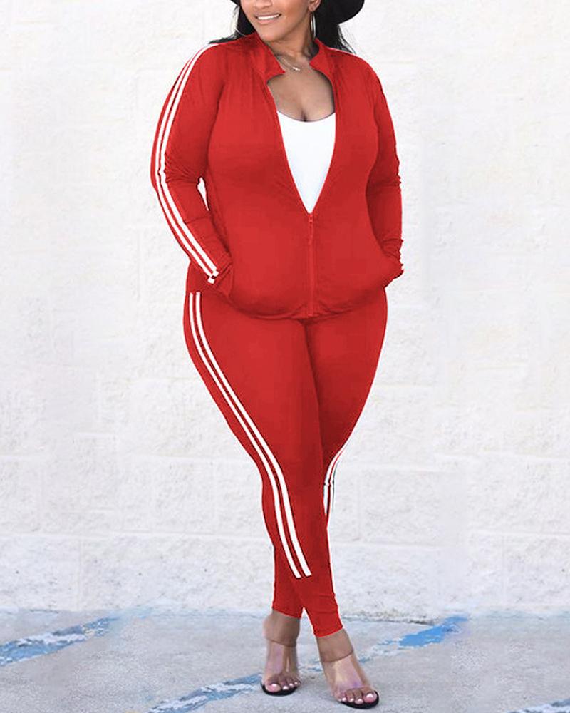 

Plus Size Contrast Paneled Long Sleeve Zip Up Top & Pants Set, Red