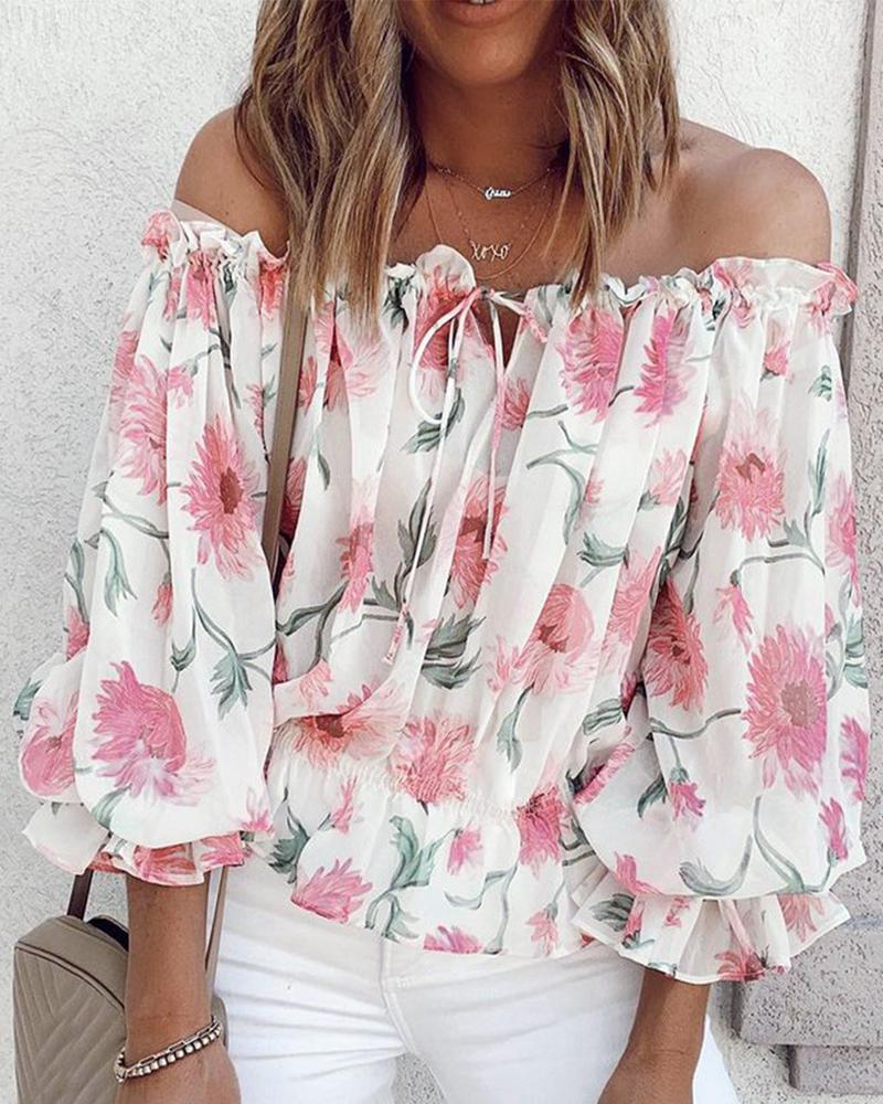 

Off Shoulder Floral Print Lantern Sleeve Top, White