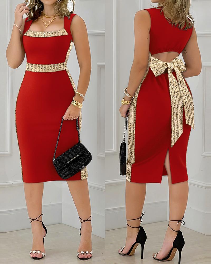 

Vestido sem mangas com decote quadrado e laço vazado, fenda na panturrilha, Red