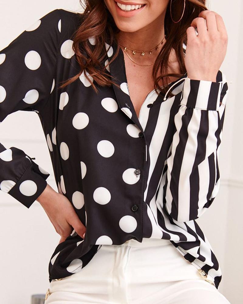 

Polka Dot Print Striped Long Sleeve Shirt, Black