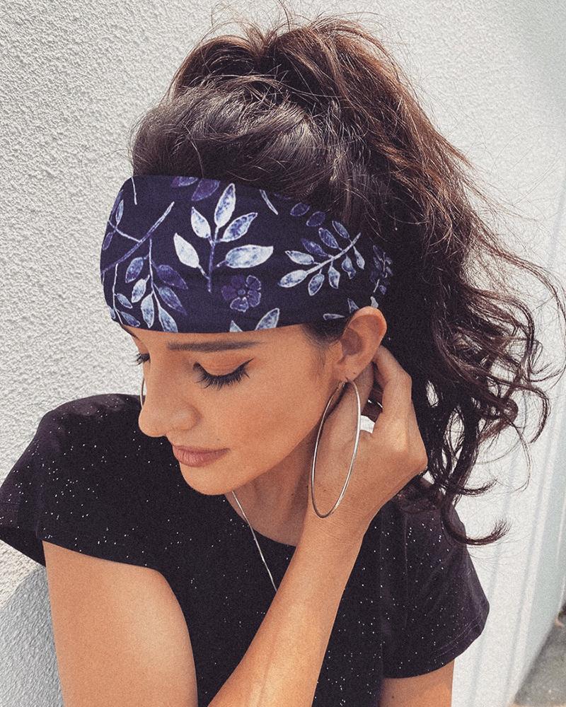 

Leaf Print Yoga Elastic Headwraps Head Wrap Hair Band, Dark blue